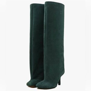Elegant Wintery Green Suede Square Toe Heeled Boots